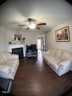 living area featuring a fireplace, a ceiling fan, and wood finished floors