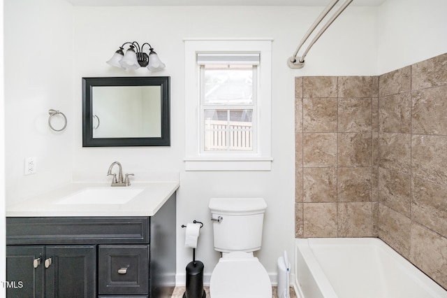 full bathroom with shower / bathing tub combination, toilet, and vanity