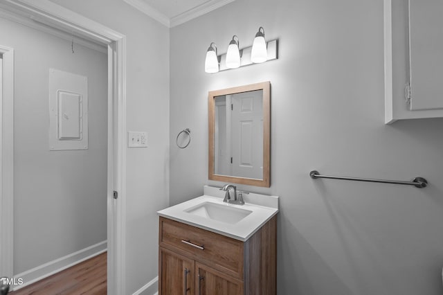 bathroom featuring electric panel, vanity, and ornamental molding