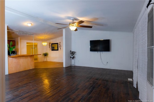 unfurnished living room featuring ornamental molding, dark hardwood / wood-style flooring, lofted ceiling, and ceiling fan