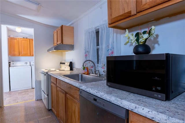 kitchen with white range with electric cooktop, dishwasher, independent washer and dryer, ornamental molding, and sink