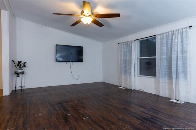 unfurnished living room with ceiling fan, dark hardwood / wood-style flooring, and vaulted ceiling