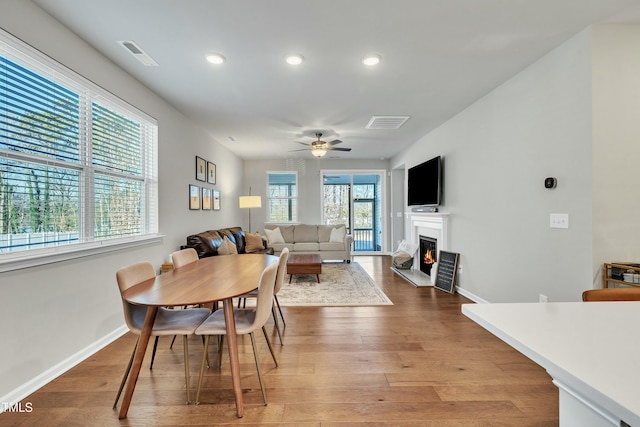 dining area featuring ceiling fan, a wealth of natural light, and light hardwood / wood-style flooring