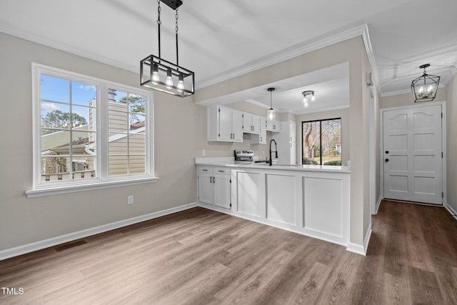 kitchen featuring a wealth of natural light, wood-type flooring, white cabinets, and crown molding