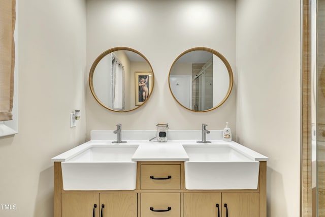 bathroom featuring an enclosed shower and vanity