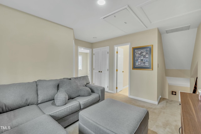 living room with light colored carpet