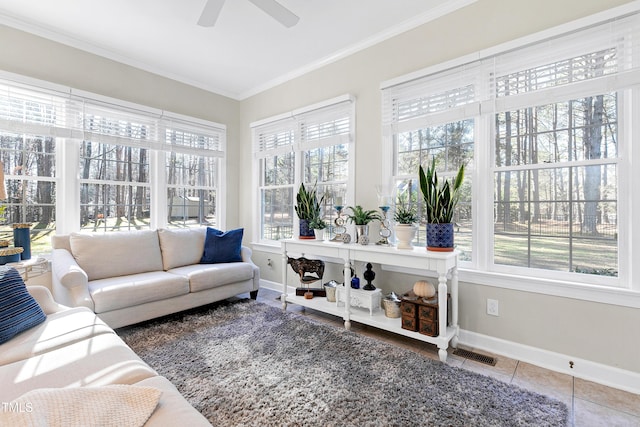 sunroom featuring ceiling fan