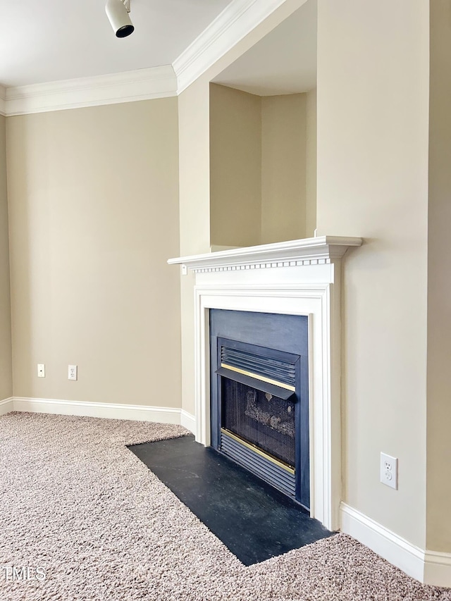 details with carpet flooring and crown molding