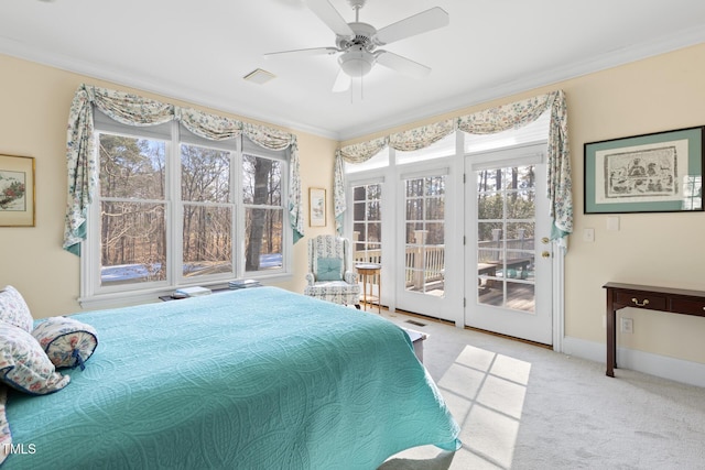 bedroom featuring access to outside, ornamental molding, ceiling fan, and light carpet