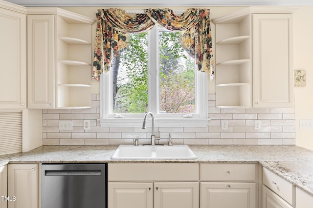 kitchen with dishwasher, a sink, backsplash, and open shelves