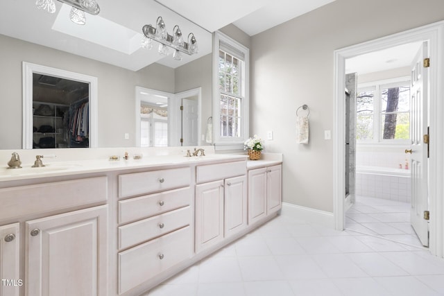 full bathroom with double vanity, a sink, and a wealth of natural light