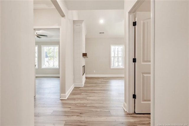 hallway featuring light wood-type flooring and crown molding