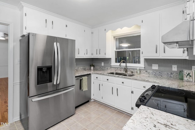 kitchen with sink, appliances with stainless steel finishes, range hood, ornamental molding, and white cabinets