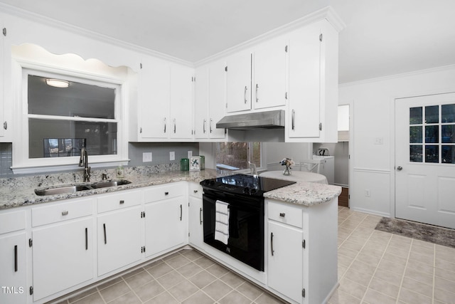 kitchen featuring light tile patterned flooring, white cabinetry, sink, ornamental molding, and electric range