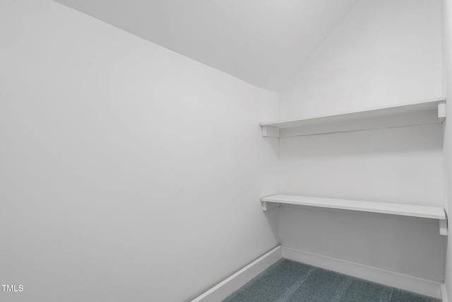 spacious closet featuring dark colored carpet and lofted ceiling