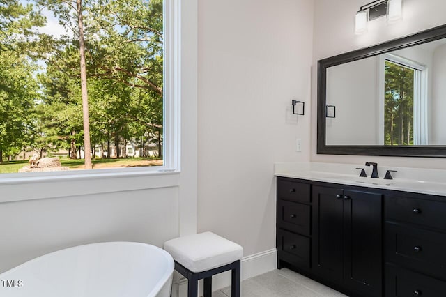 bathroom with a washtub and vanity