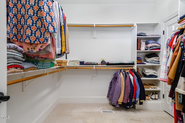 walk in closet with light carpet