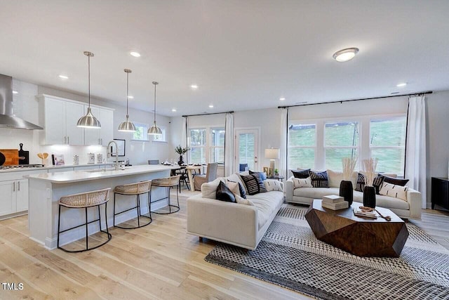 living room featuring sink and light hardwood / wood-style flooring