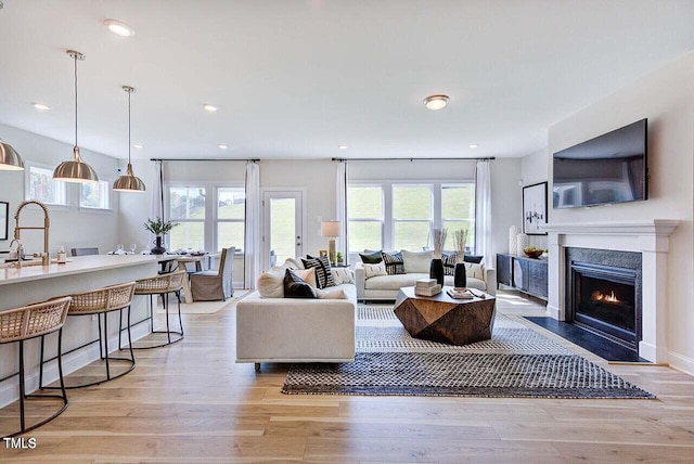 living room featuring light wood-type flooring, plenty of natural light, and sink