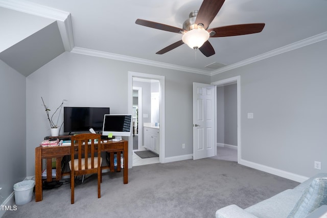 office space featuring ceiling fan, light carpet, and crown molding