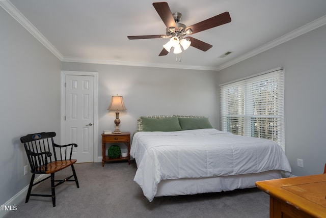 carpeted bedroom featuring ceiling fan and ornamental molding