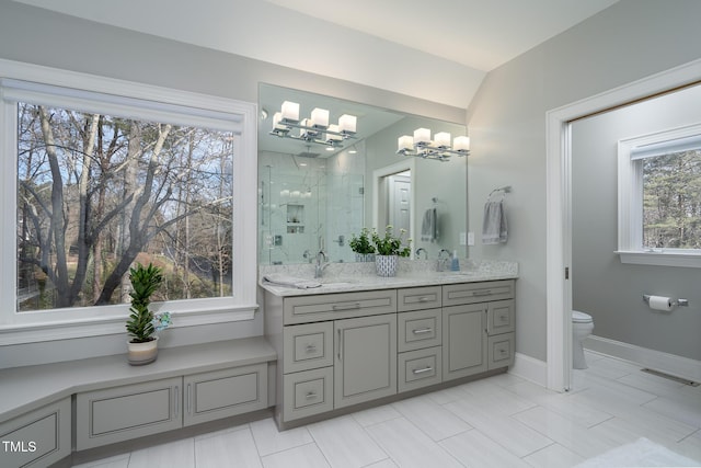 bathroom featuring toilet, vanity, a shower with door, and a chandelier