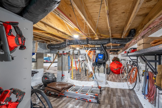 basement with wood-type flooring