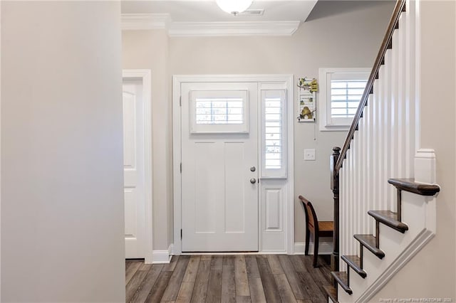 foyer with dark hardwood / wood-style flooring, crown molding, and plenty of natural light