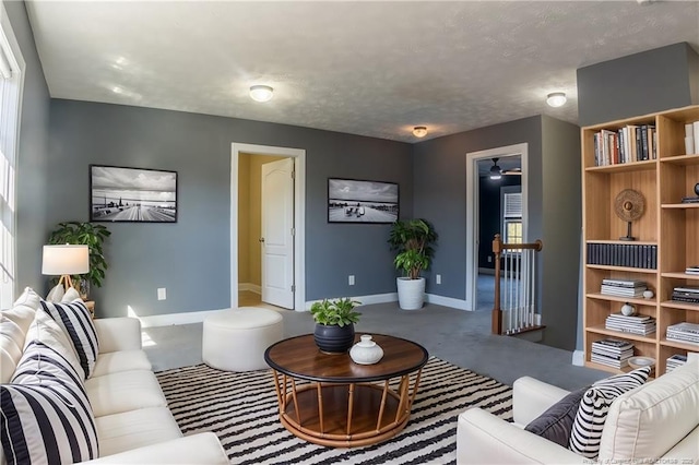 living room with carpet and a textured ceiling