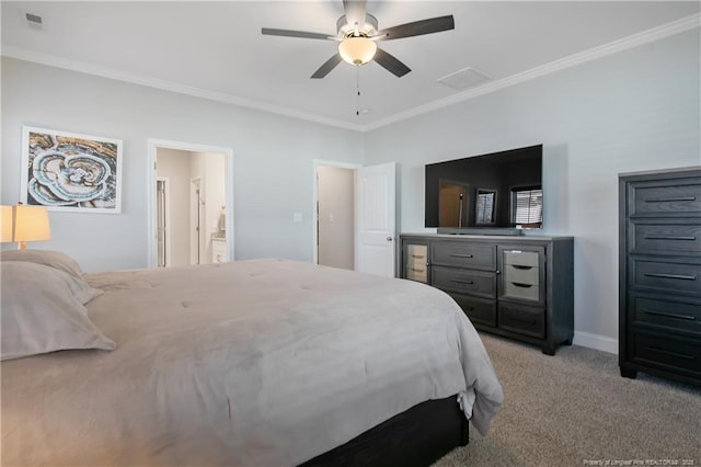 bedroom with ceiling fan, ornamental molding, connected bathroom, and light colored carpet