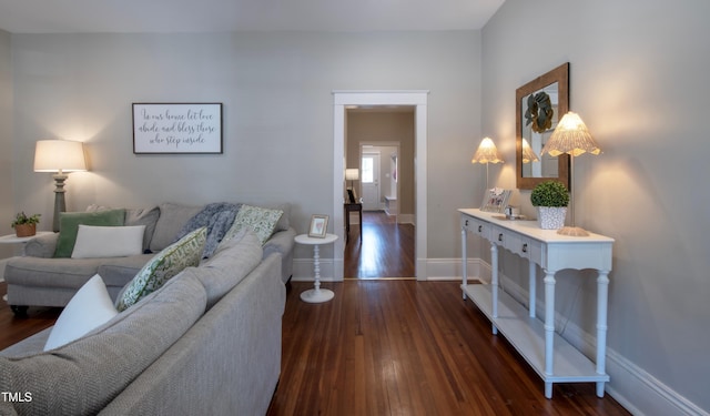 living room with dark hardwood / wood-style flooring