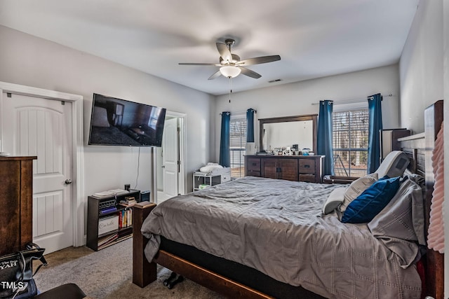 bedroom with carpet floors and ceiling fan