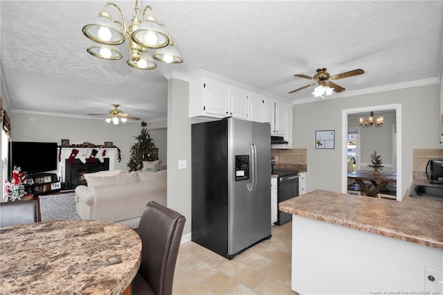 kitchen featuring stainless steel fridge with ice dispenser, tasteful backsplash, electric range, a textured ceiling, and white cabinets