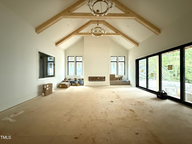 7013 Buckhead Dr, Raleigh, NC 27615 - unfurnished living room featuring high vaulted ceiling and beam ceiling