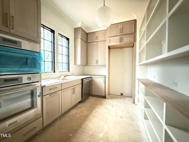 7013 Buckhead Dr, Raleigh, NC 27615 - kitchen with open shelves, appliances with stainless steel finishes, light countertops, and decorative light fixtures