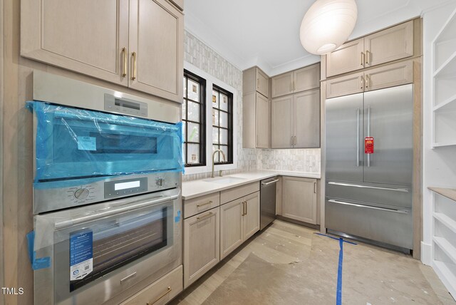 7013 Buckhead Dr, Raleigh, NC 27615 - kitchen with stainless steel appliances, light countertops, open shelves, crown molding, and backsplash