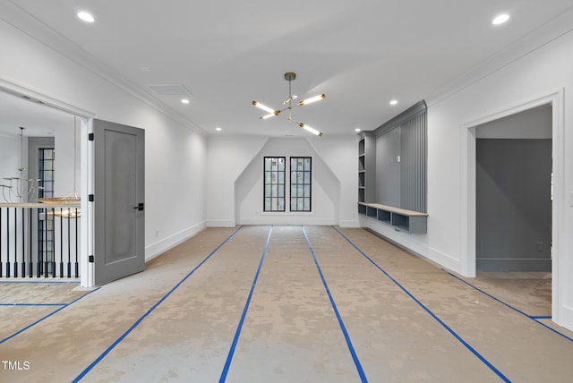 7013 Buckhead Dr, Raleigh, NC 27615 - unfurnished living room featuring recessed lighting, crown molding, and a chandelier