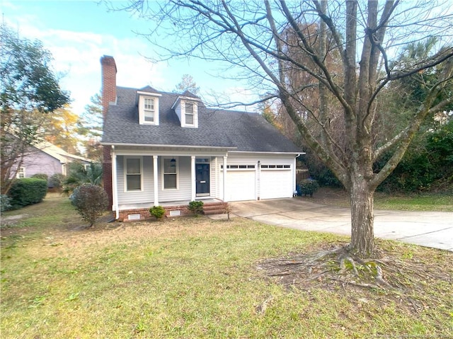 cape cod-style house featuring a front lawn, a garage, and a porch