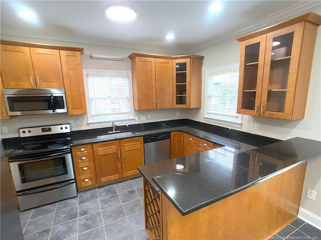 kitchen with kitchen peninsula, a wealth of natural light, sink, stainless steel appliances, and ornamental molding