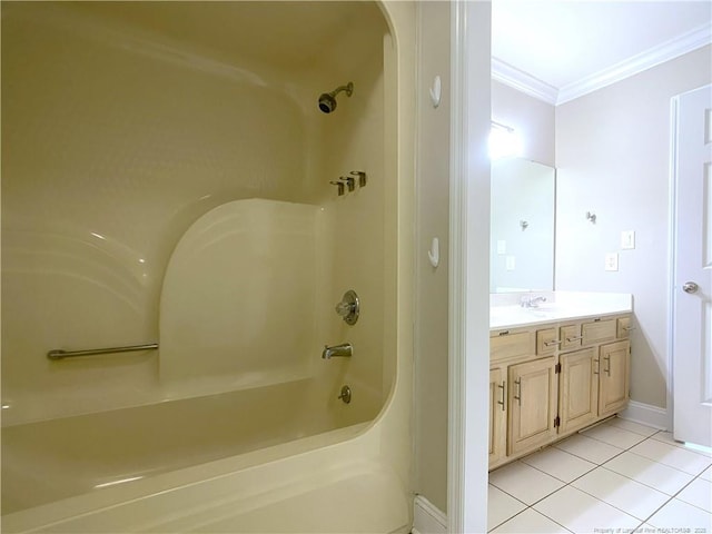 bathroom featuring tile patterned floors, vanity, crown molding, and bathing tub / shower combination