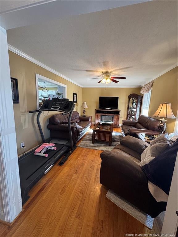 living room with ceiling fan, wood-type flooring, and crown molding