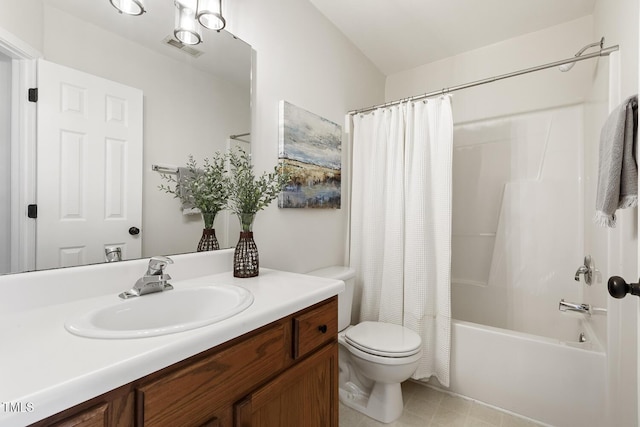 full bathroom with toilet, shower / tub combo, and vanity