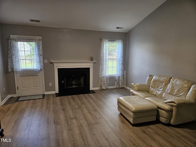 unfurnished living room featuring lofted ceiling and wood-type flooring