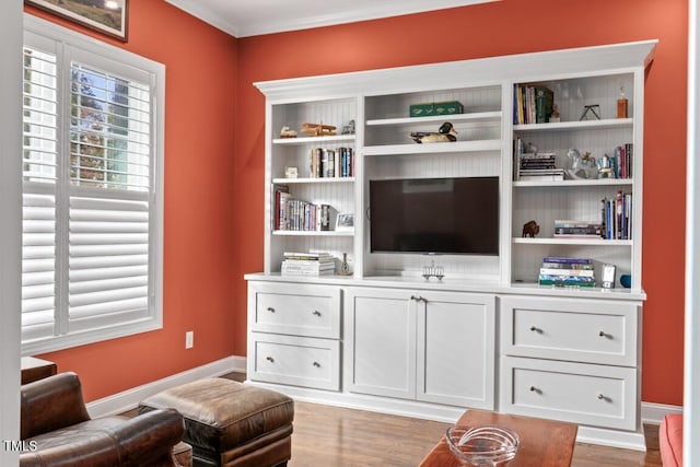 living room with ornamental molding and light hardwood / wood-style floors