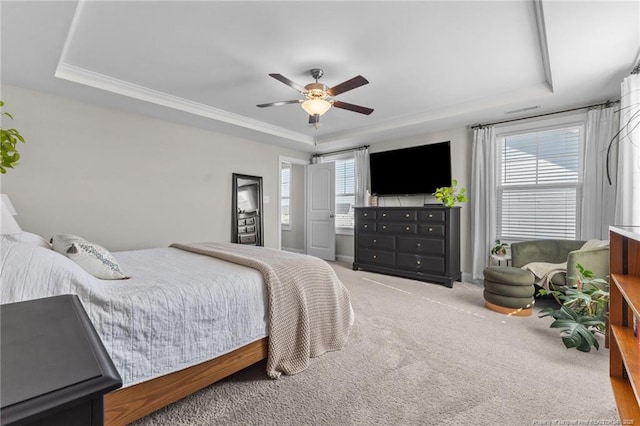 bedroom featuring a tray ceiling, ceiling fan, and carpet