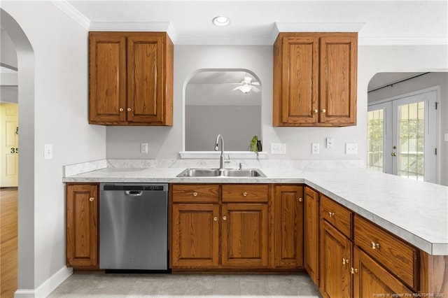 kitchen with kitchen peninsula, ceiling fan, dishwasher, french doors, and sink