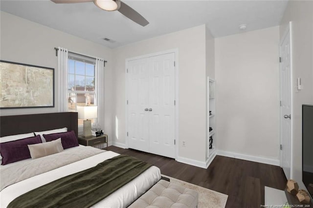 bedroom featuring ceiling fan, a closet, and dark hardwood / wood-style flooring