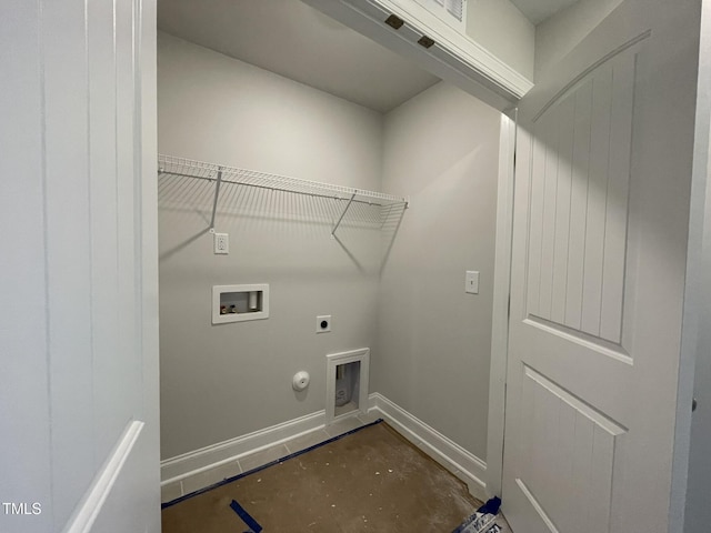 laundry room with baseboards, gas dryer hookup, laundry area, hookup for a washing machine, and hookup for an electric dryer