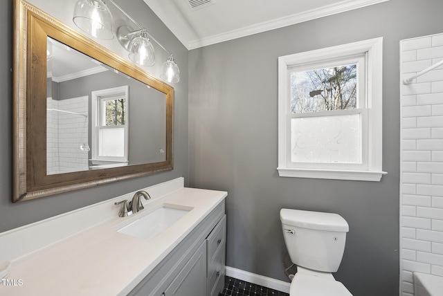 bathroom with ornamental molding, toilet, and plenty of natural light