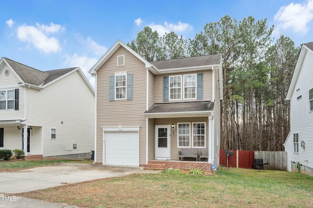 front facade featuring a front lawn, a garage, and cooling unit